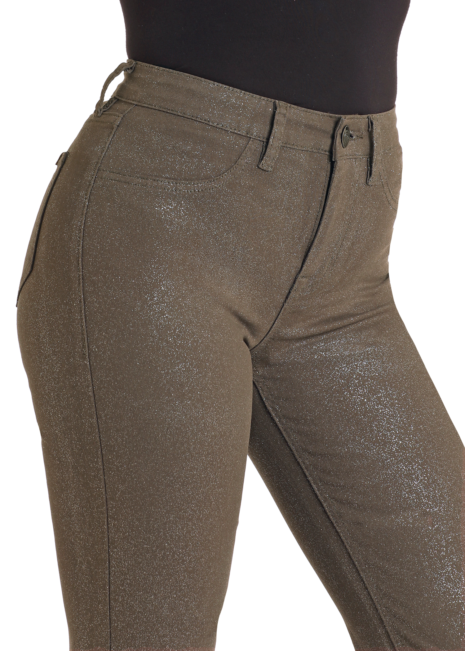 Close-up of a person wearing Rock & Roll Denim’s Glitter Extra Stretch Modest Bootcut Jeans in metallic olive green with a subtle shimmer, belt loops, and front pockets, paired with a tucked-in black top for sleek style.