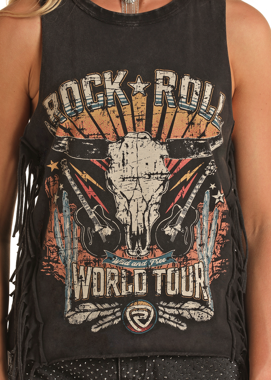 The Rock & Roll Denim Graphic Fringe Tank Top is a black sleeveless shirt with a vintage World Tour graphic, large cow skull, two guitars, orange starburst accents, and distressed text for bold boho style.