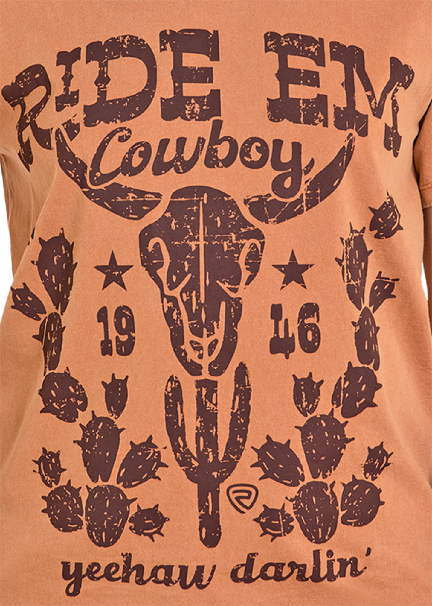 Brown shirt with cowboy-themed graphics and text on a brown background