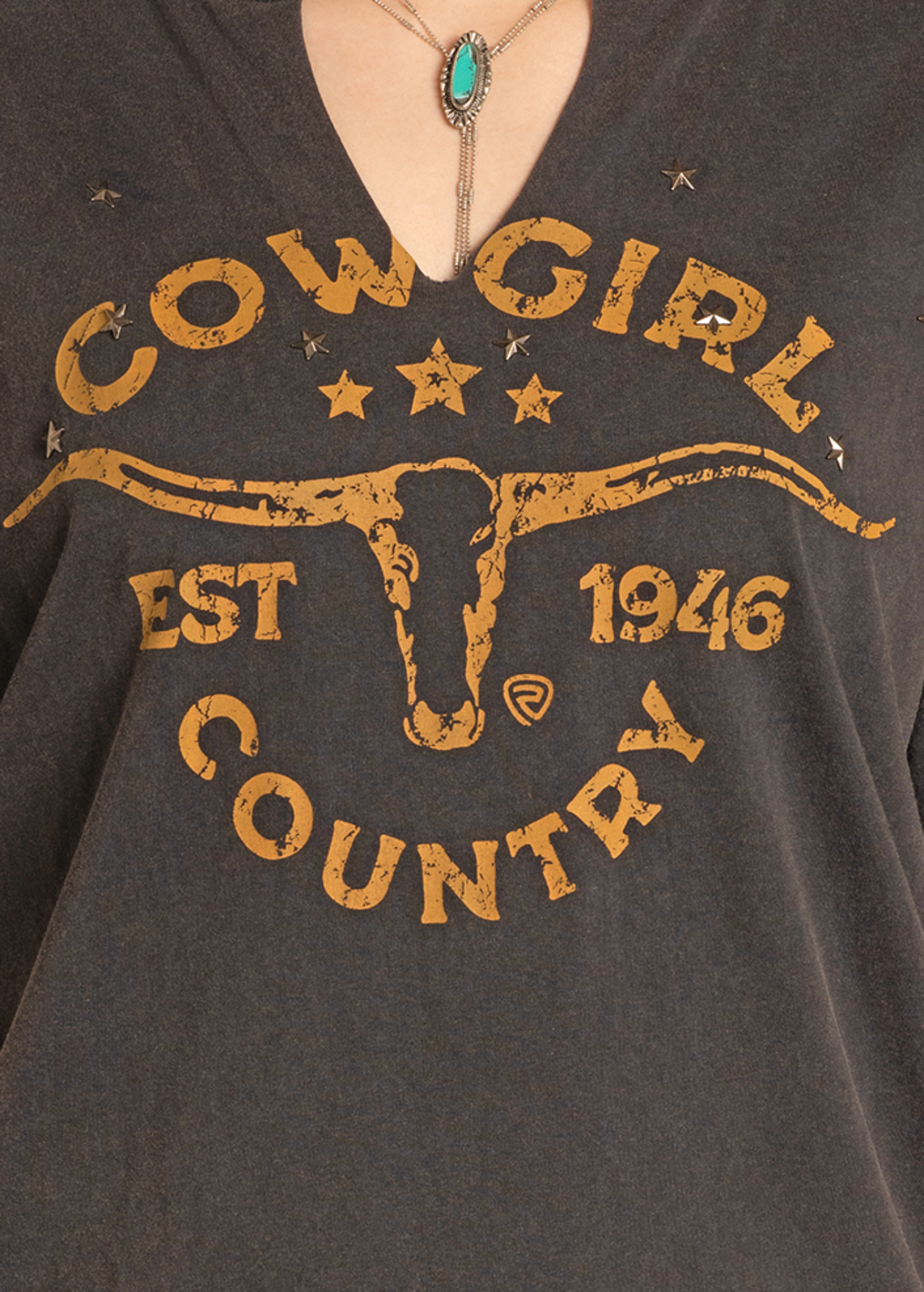 Dark gray t-shirt with 'Cowgirl Est. 1946 Country' text and longhorn design.