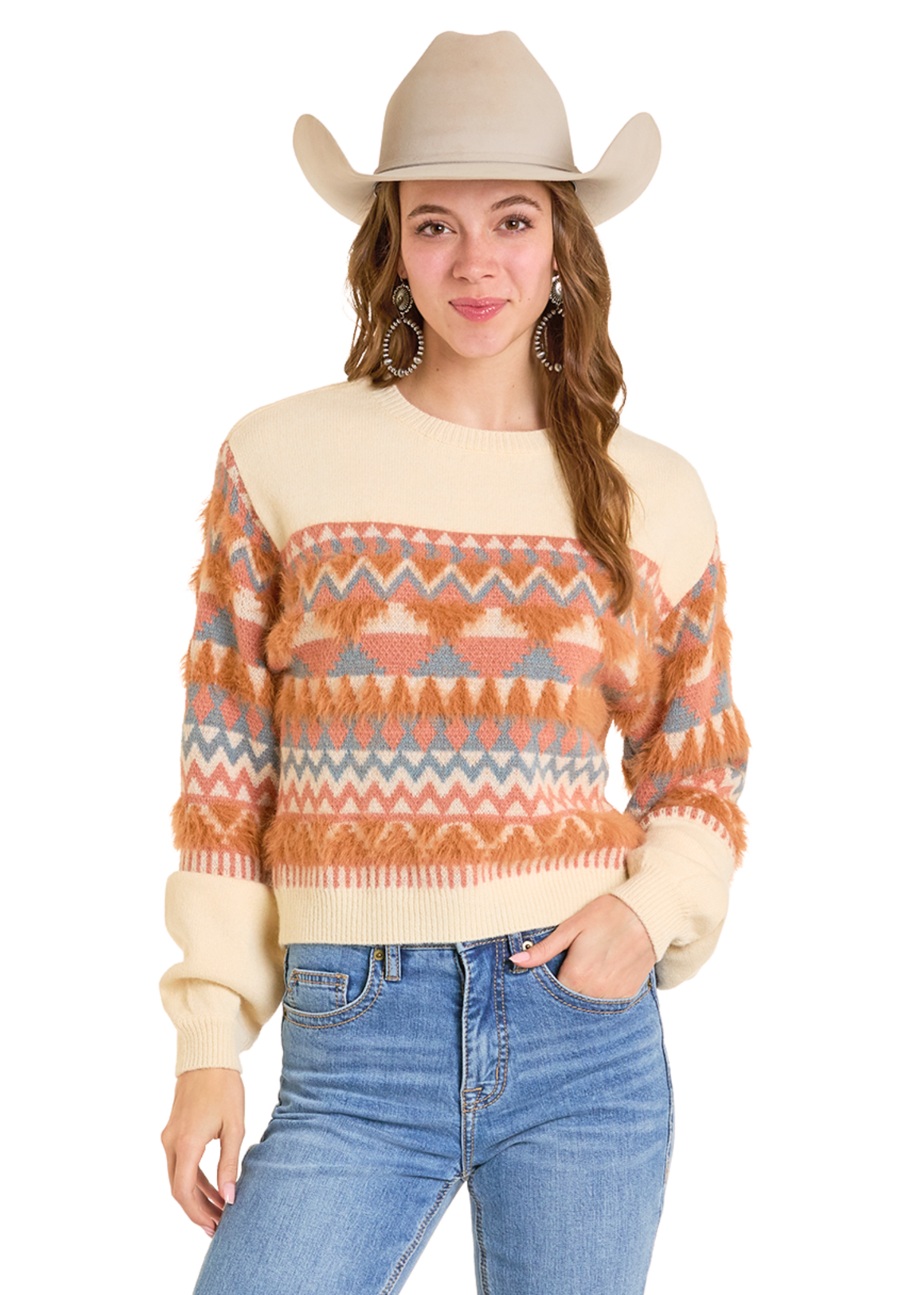 Woman wearing a patterned sweater, jeans, and a cowboy hat on a white background