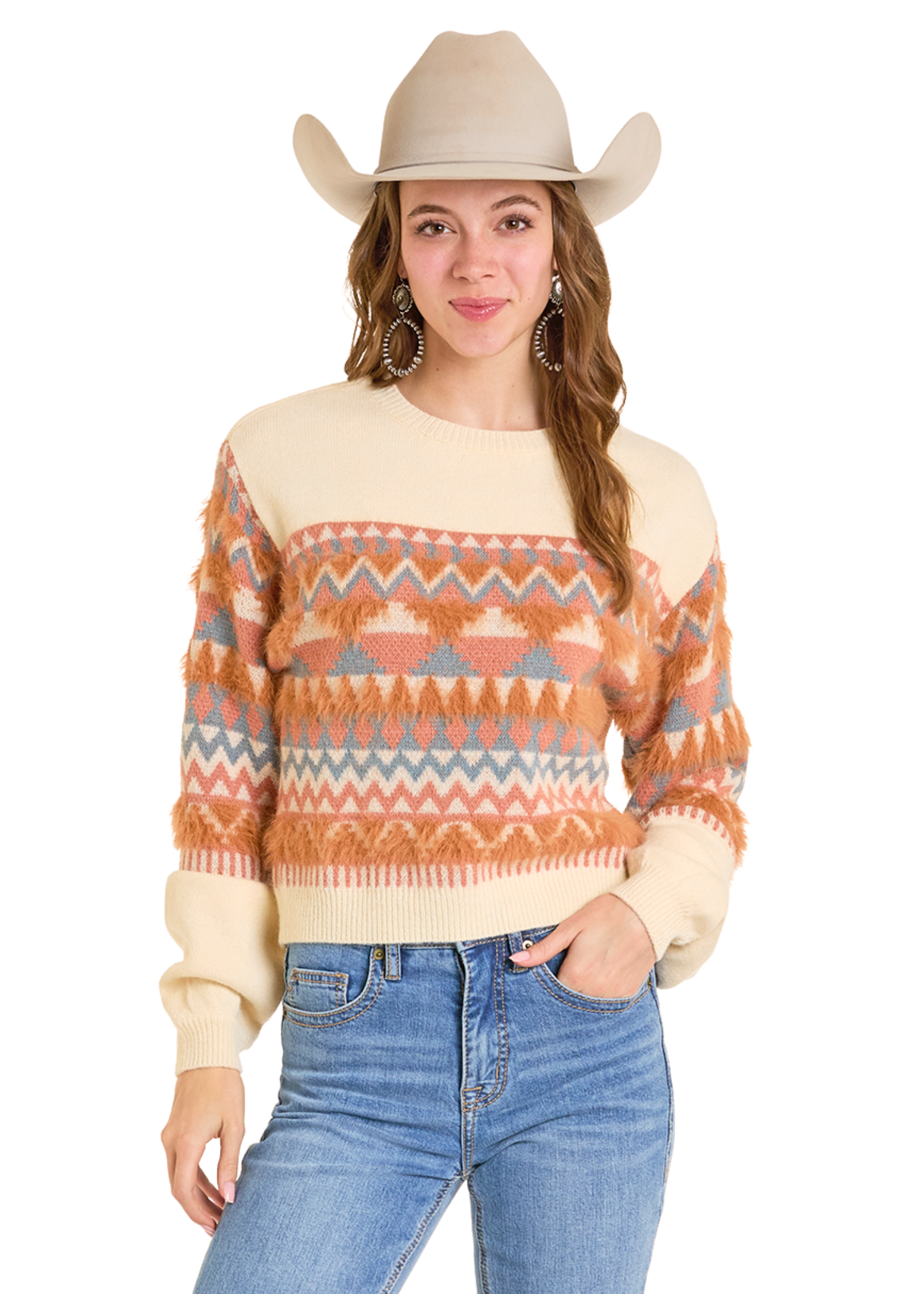 Woman wearing a patterned sweater, jeans, and a cowboy hat on a white background