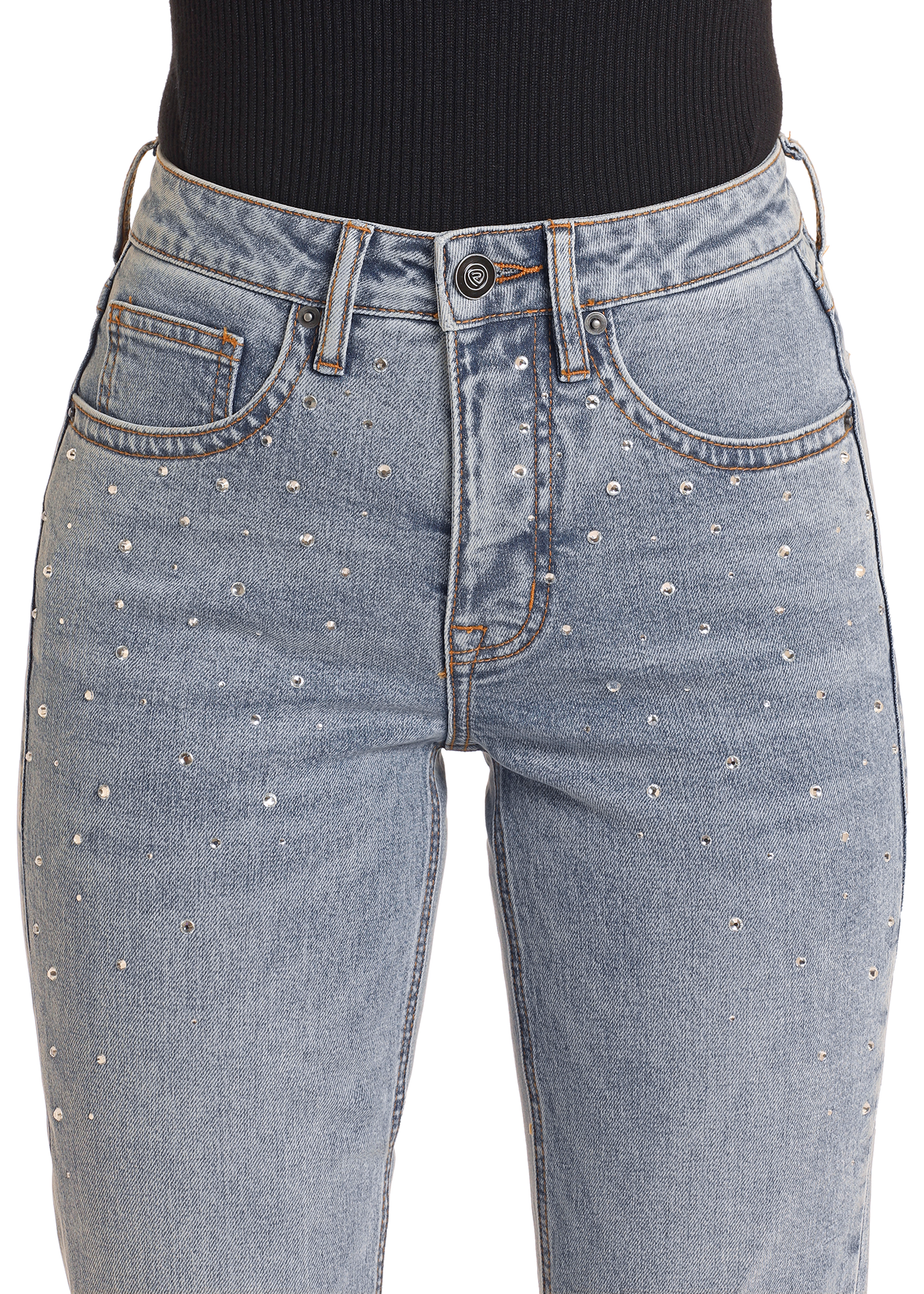 Someone wears the Rock & Roll Denim High Rise Diamond Studded Bootcut Jeans, a light wash style with small silver studs on the front, paired with a tucked-in black ribbed top.