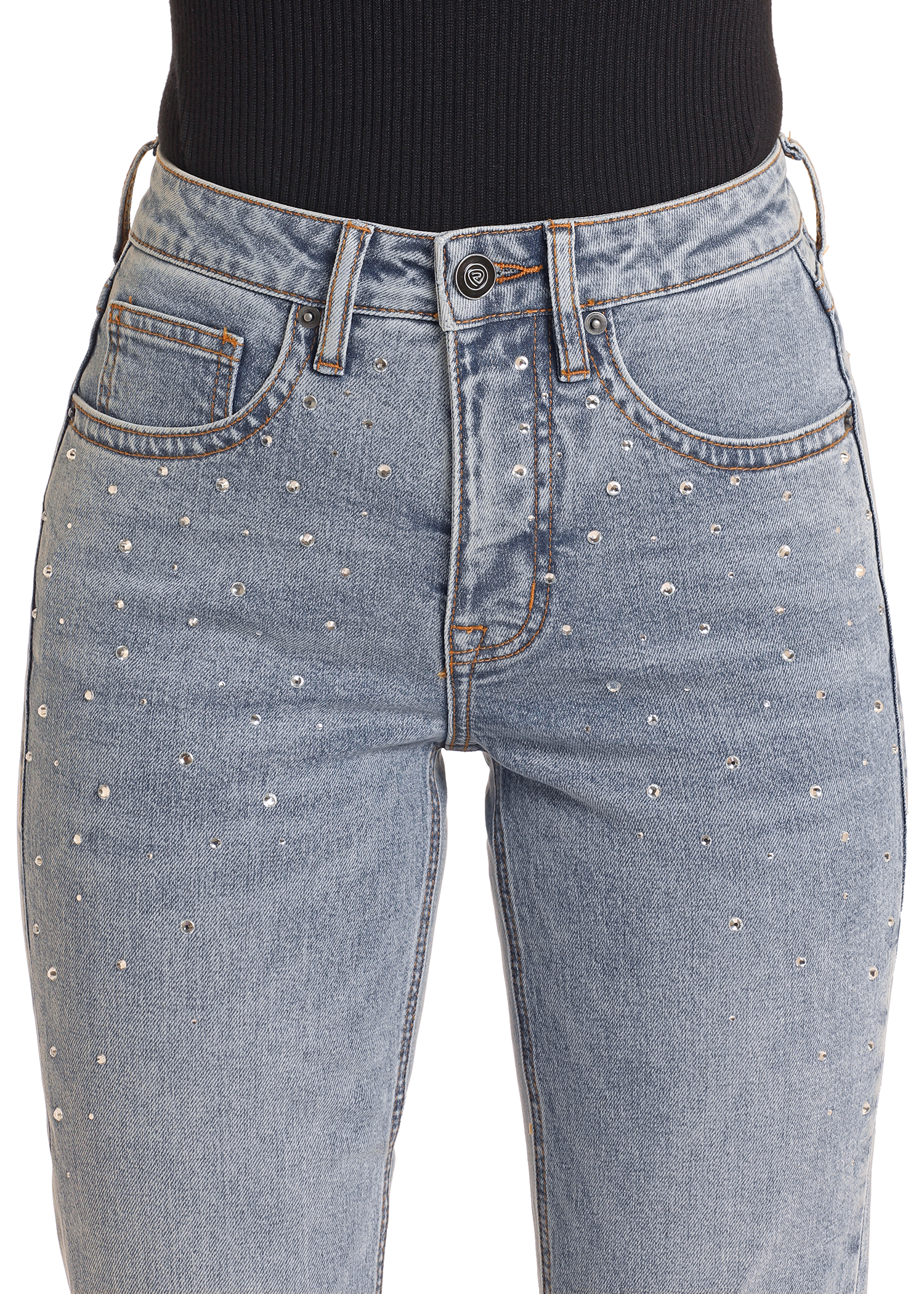 Someone wears the Rock & Roll Denim High Rise Diamond Studded Bootcut Jeans, a light wash style with small silver studs on the front, paired with a tucked-in black ribbed top.