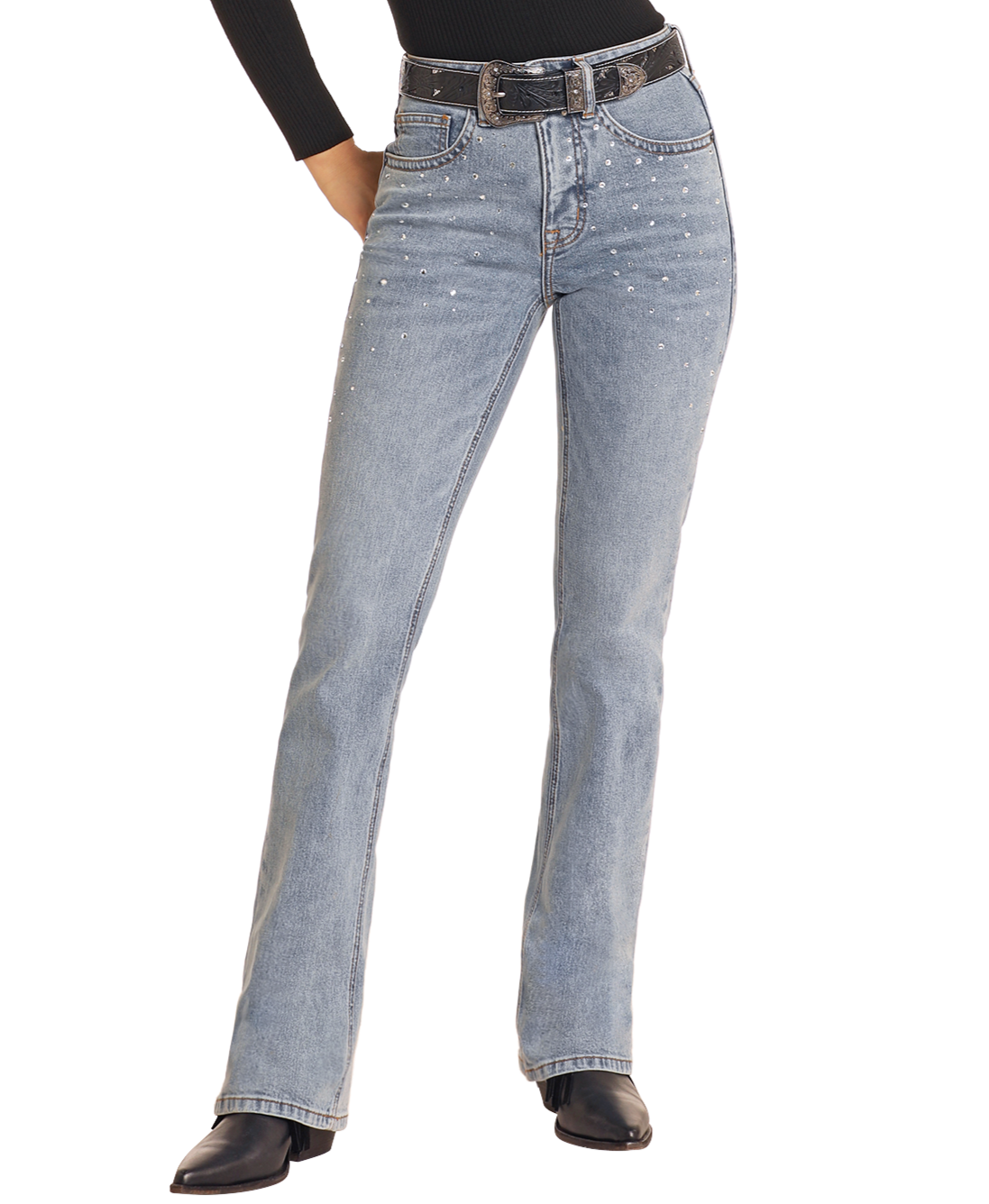 Wearing Rock & Roll Denim High Rise Diamond Studded Bootcut Jeans, paired with a black belt, black top, and black boots; upper body not visible in frame.