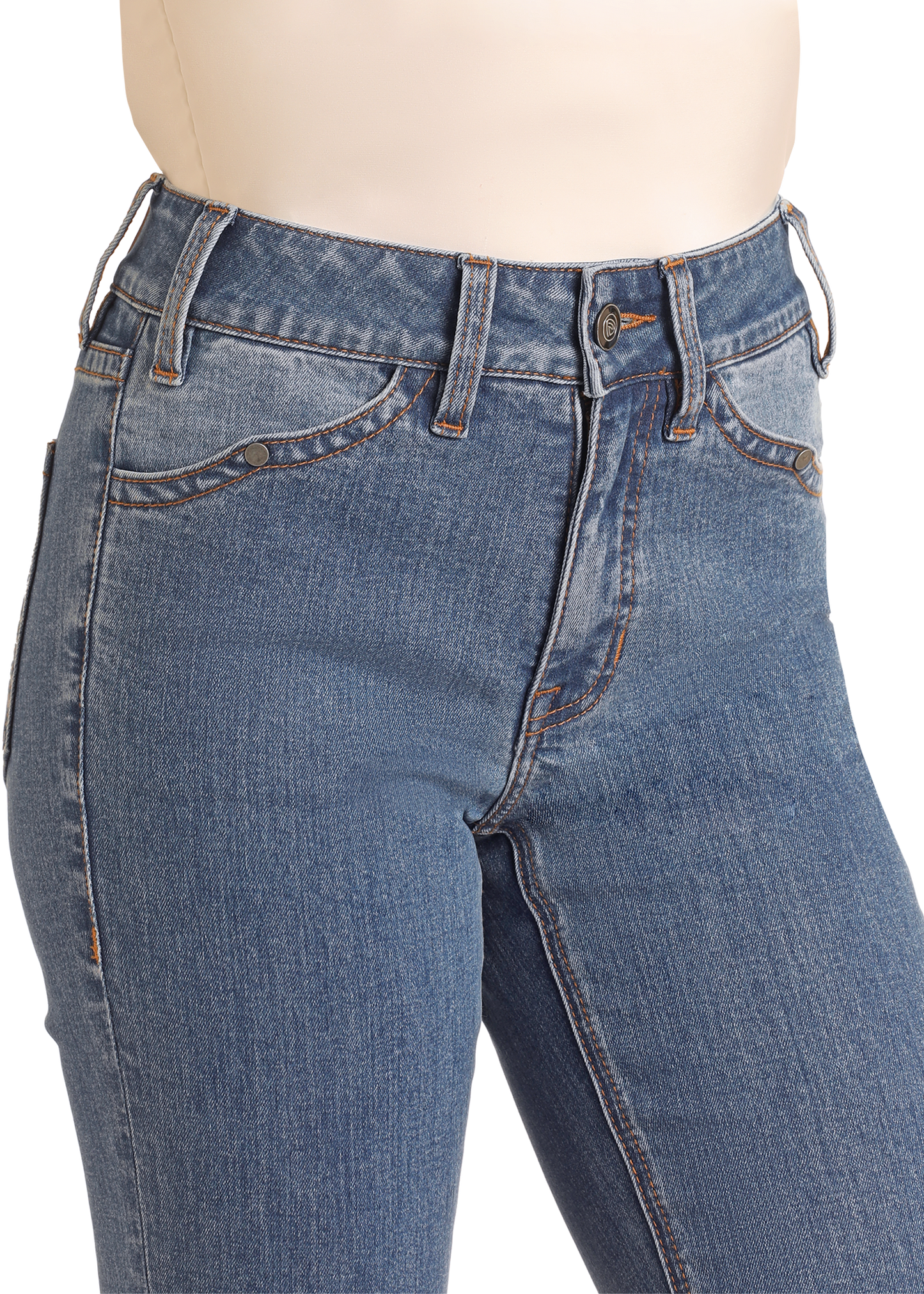 A close-up of a person wearing Rock & Roll Denim High Rise Two-Tone Detail Bootcut Jeans, featuring a comfortable cotton blend, button and zipper closure, front pockets, belt loops, and orange stitching.
