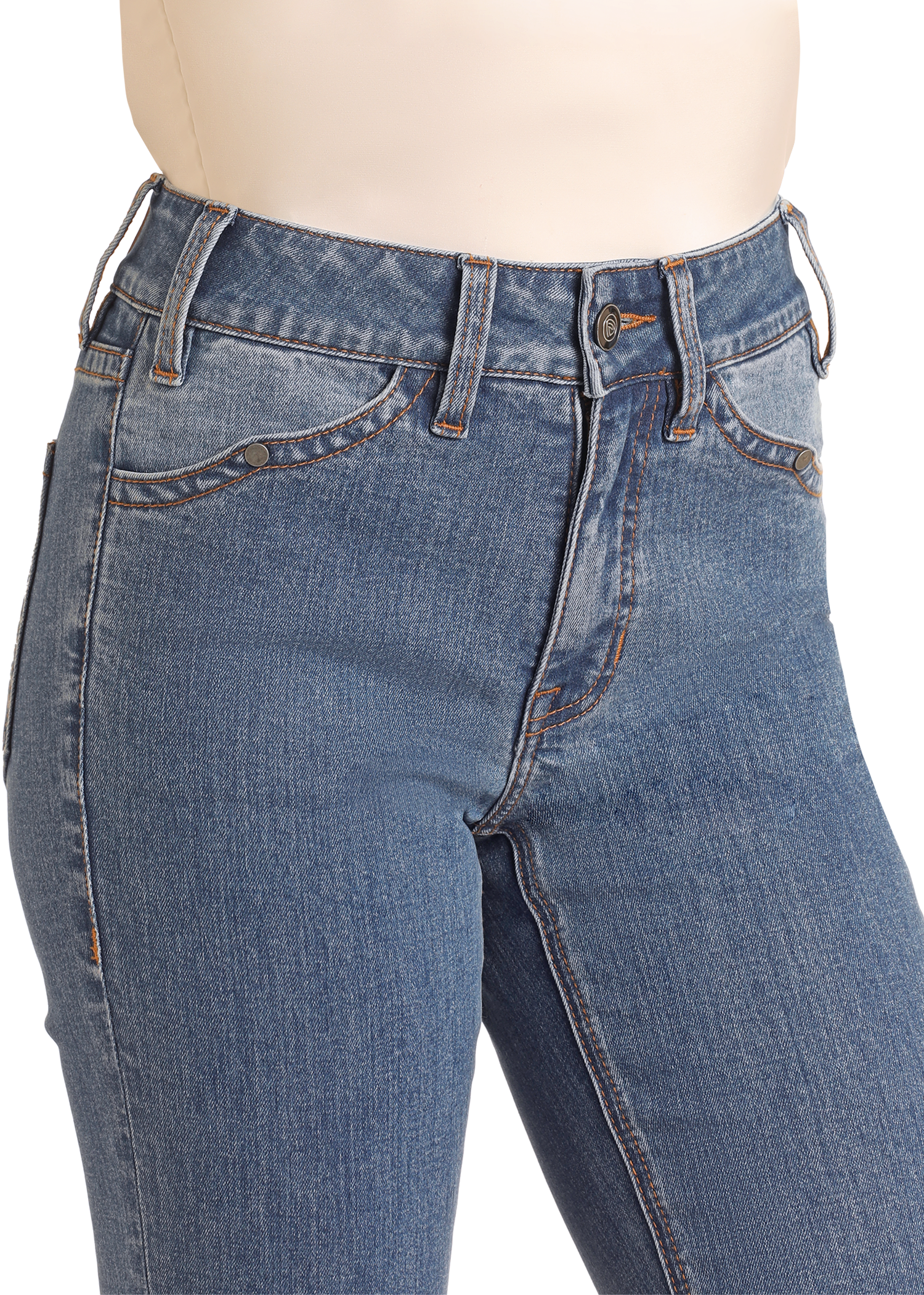 A close-up of a person wearing Rock & Roll Denim High Rise Two-Tone Detail Bootcut Jeans, featuring a comfortable cotton blend, button and zipper closure, front pockets, belt loops, and orange stitching.