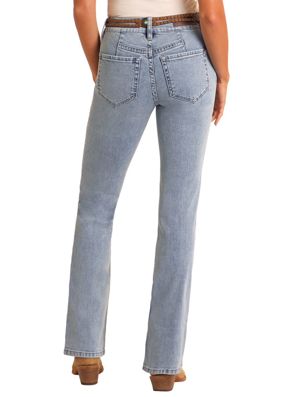 A person is shown from the waist down, viewed from the back, wearing Rock & Roll Denim High Rise Light Wash Bootcut Jeans with back pockets, a brown belt, and brown shoes.
