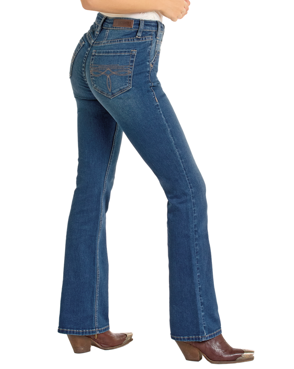 A person models the Rock & Roll Denim High Rise Two Tone Bootcut Jeans, standing sideways to display the fit and back pocket details against a plain white background.
