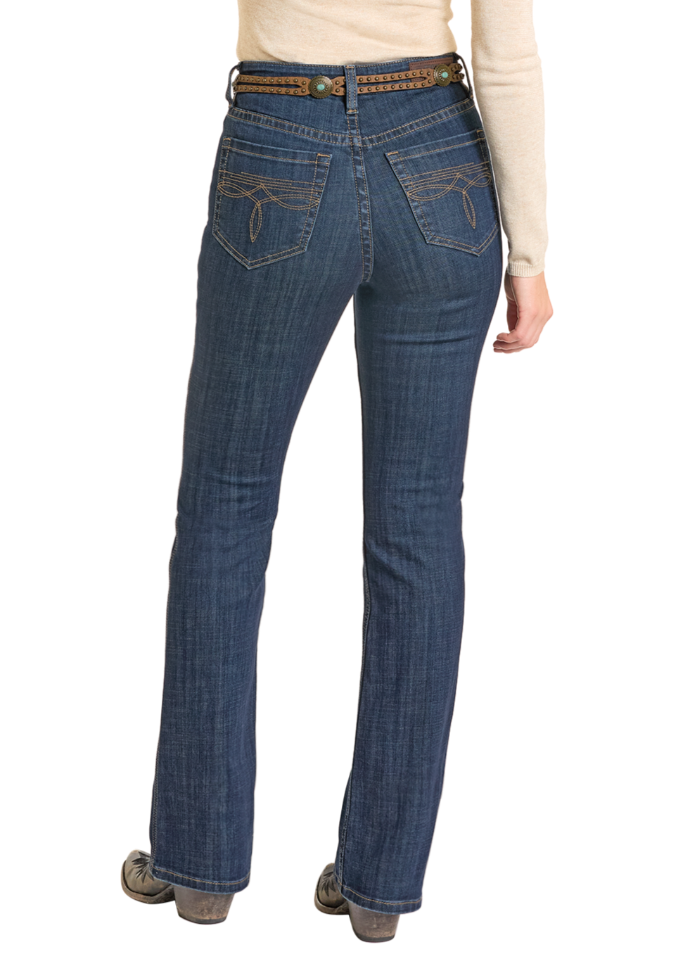 Blue jeans worn by a person on a white background