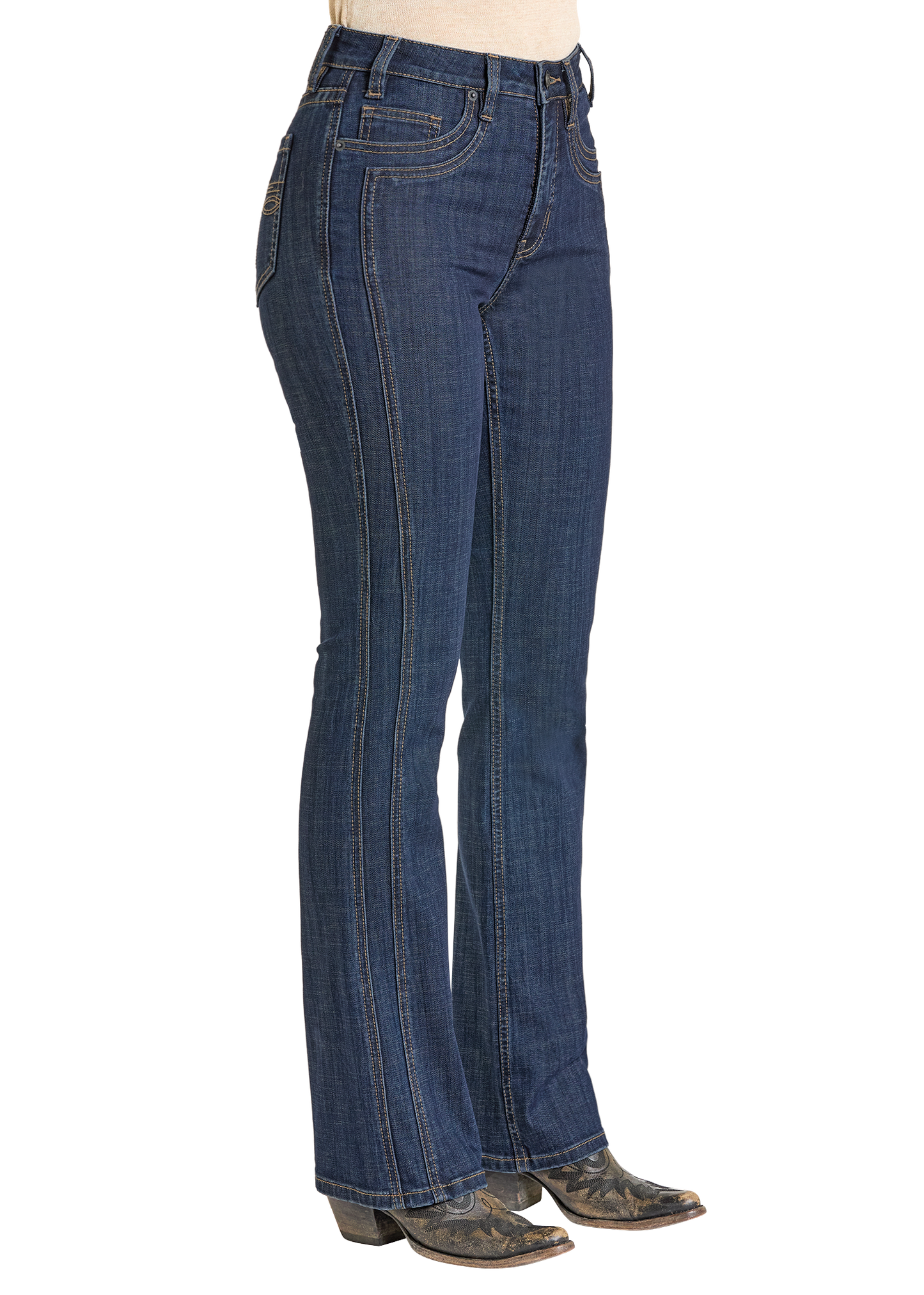 A person wearing Rock & Roll Denim High Rise Saddle Stitch Bootcut Jeans and cowboy boots, shown from the waist down against a white background. These jeans have a classic zip-fly and comfortable cotton/spandex blend.
