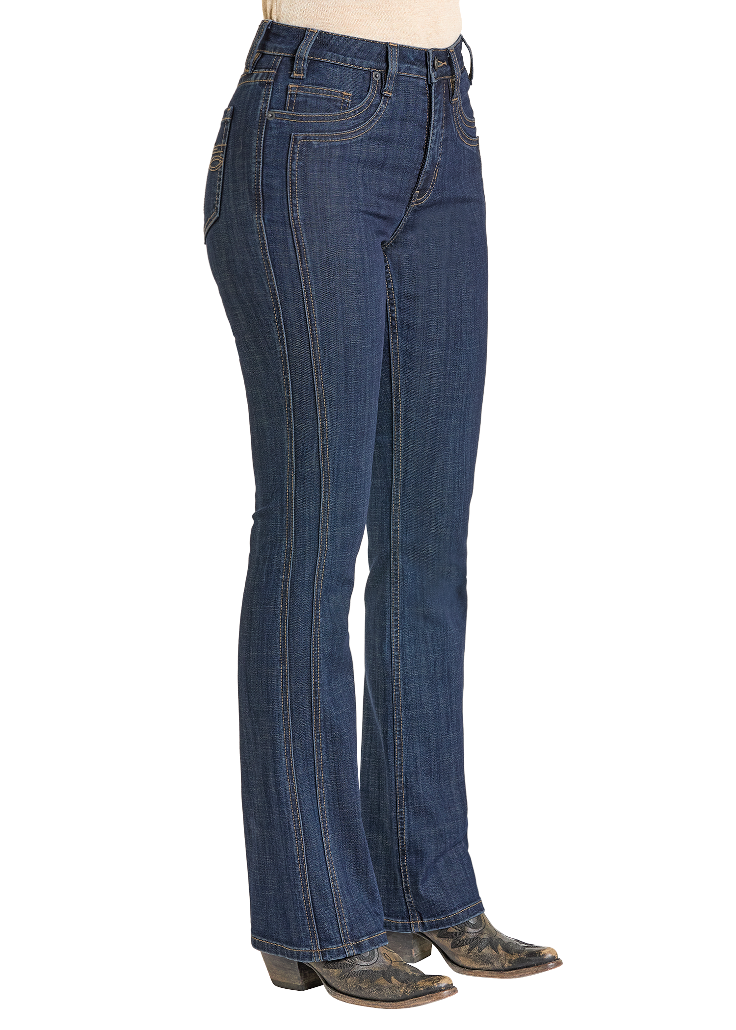 A person wearing Rock & Roll Denim High Rise Saddle Stitch Bootcut Jeans and cowboy boots, shown from the waist down against a white background. These jeans have a classic zip-fly and comfortable cotton/spandex blend.