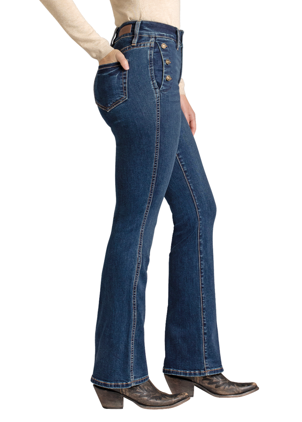 Women's High Rise Side Button Bootcut Jeans Rock Roll Denim