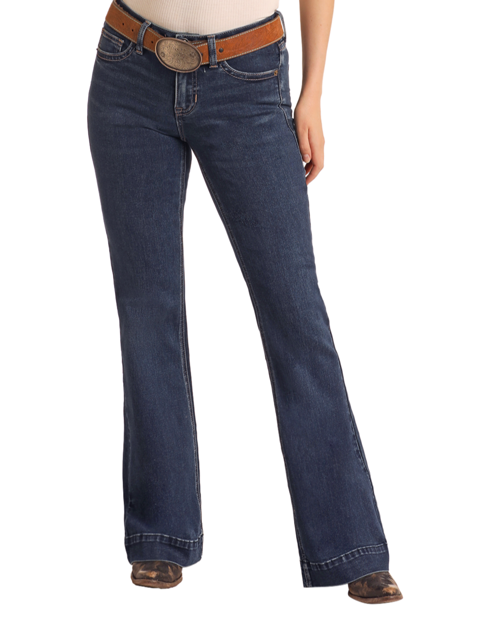 A person wears Rock & Roll Denim Mid Rise Boot Stitch Trousers with an embroidered pocket, a brown belt with a large oval buckle, and brown cowboy boots. Only the lower body is visible against a plain white background.