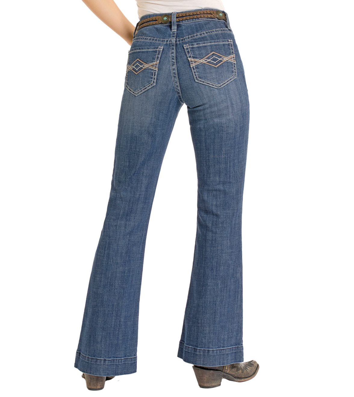 Person wearing Rock & Roll Denim's Mid Rise Pleather Embroidered Trousers and brown heeled shoes, shown from the back against a plain background.