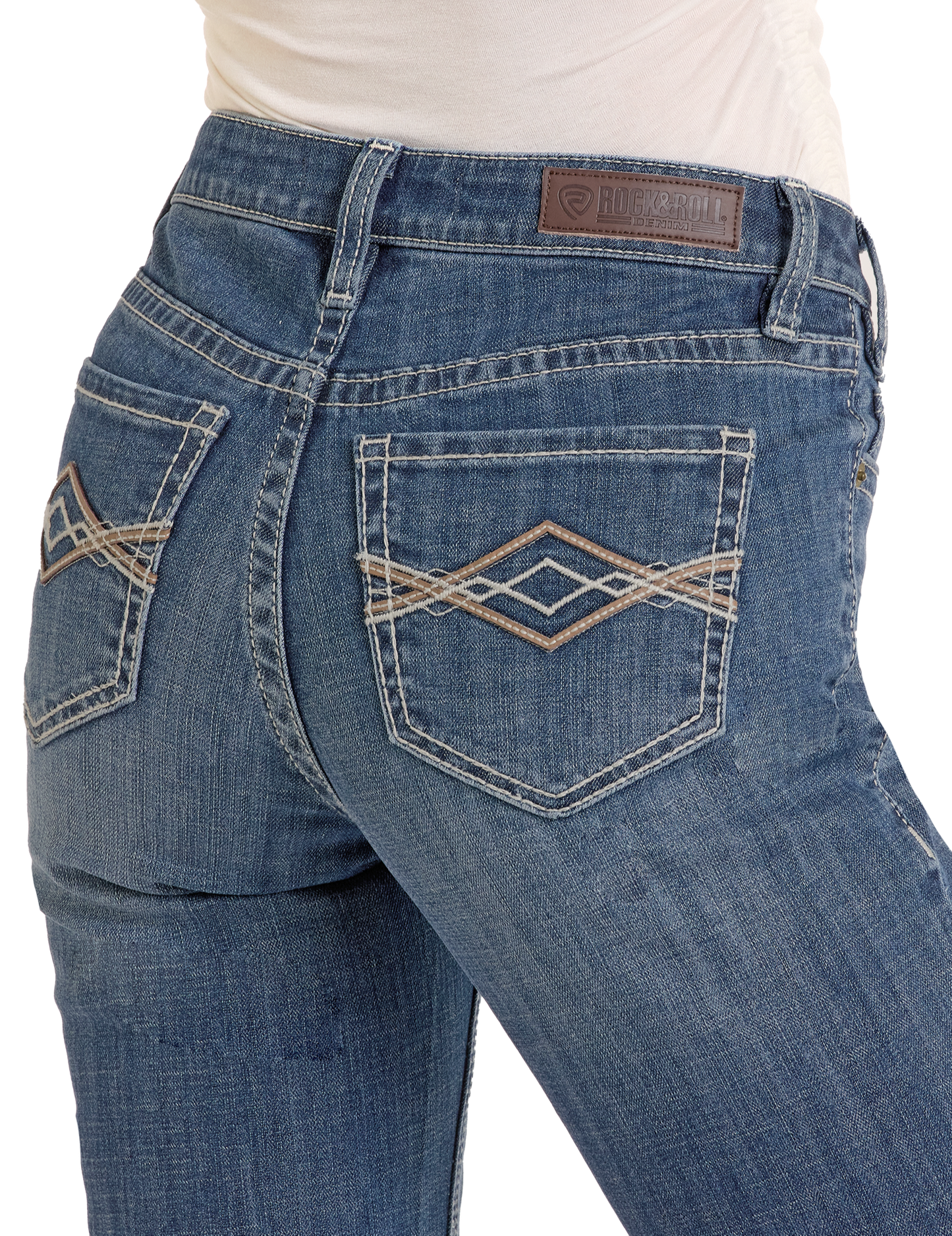 A close-up of a person wearing Rock & Roll Denim Mid Rise Pleather Embroidered Trousers with detailed stitching and a branded patch, paired with a tucked-in white shirt for a classic, laid-back style.