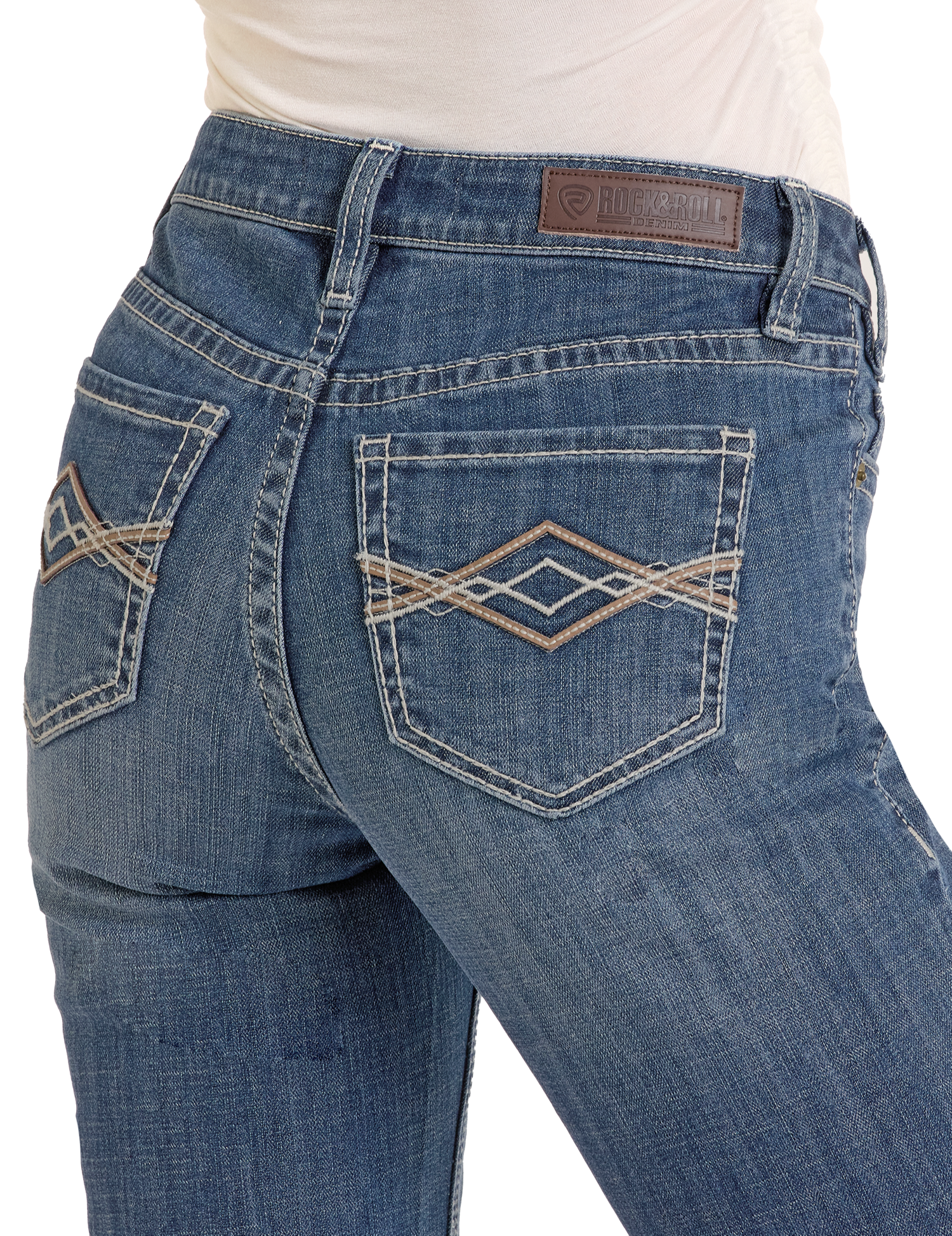 A close-up of a person wearing Rock & Roll Denim Mid Rise Pleather Embroidered Trousers with detailed stitching and a branded patch, paired with a tucked-in white shirt for a classic, laid-back style.