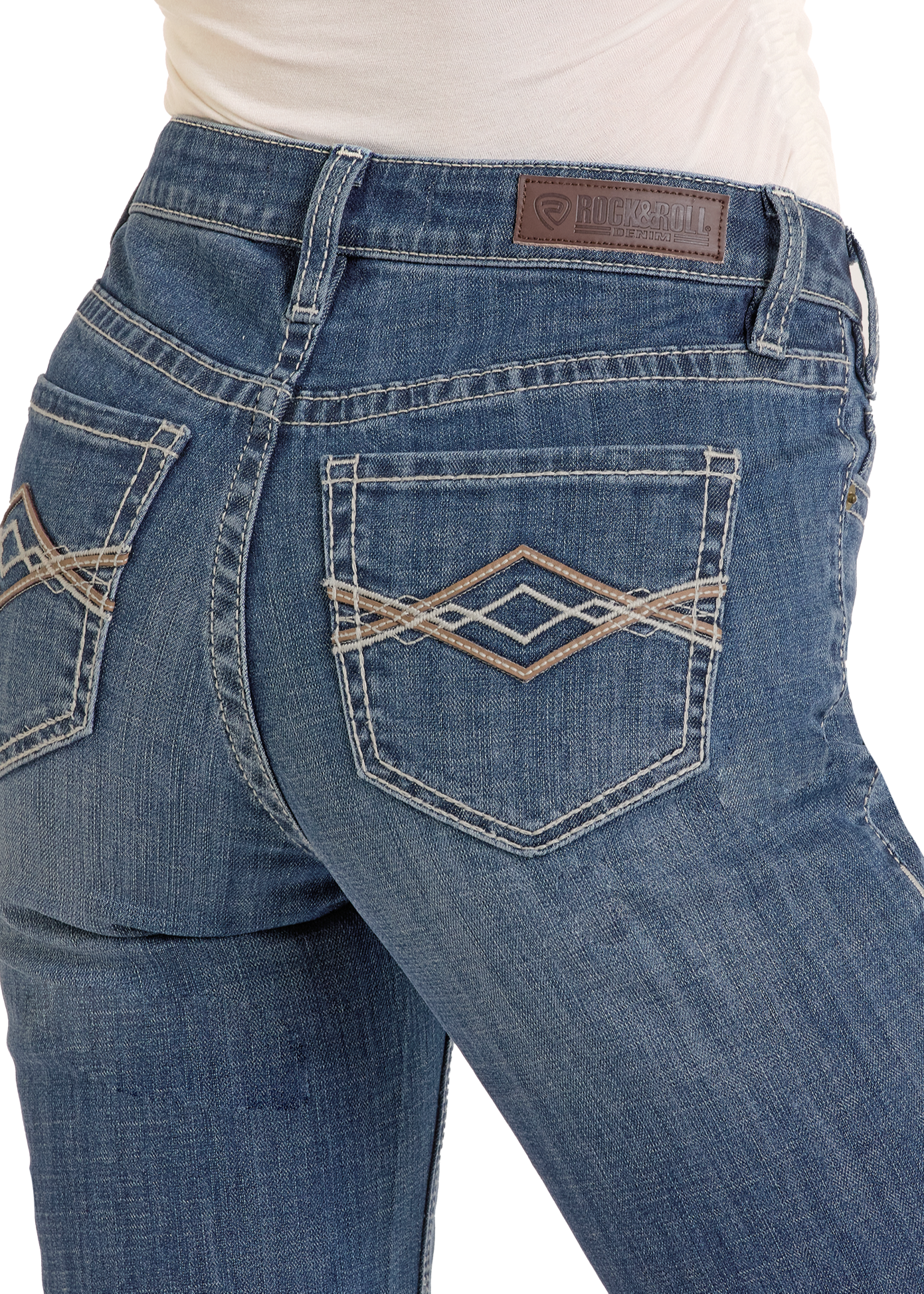 A close-up of a person wearing Rock & Roll Denim Mid Rise Pleather Embroidered Trousers with detailed stitching and a branded patch, paired with a tucked-in white shirt for a classic, laid-back style.