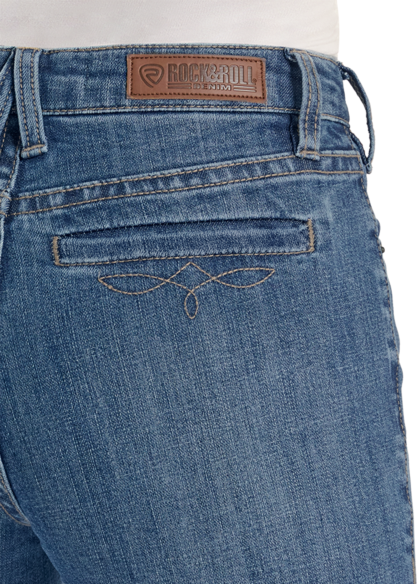 Close-up of blue jeans with a brand label on the back pocket.