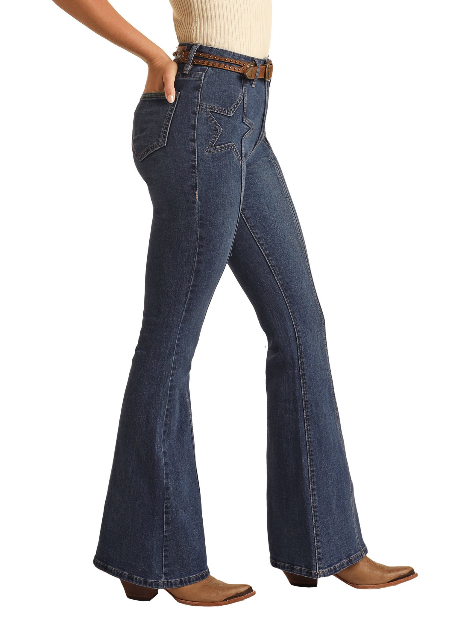 Woman wearing a beige top, blue jeans, and a cowboy hat on a white background