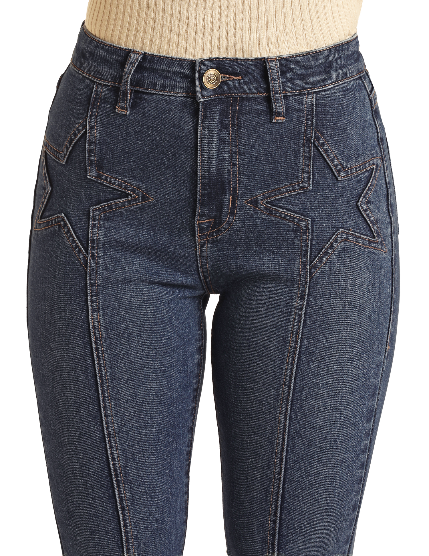 Blue jeans with star designs on a white background