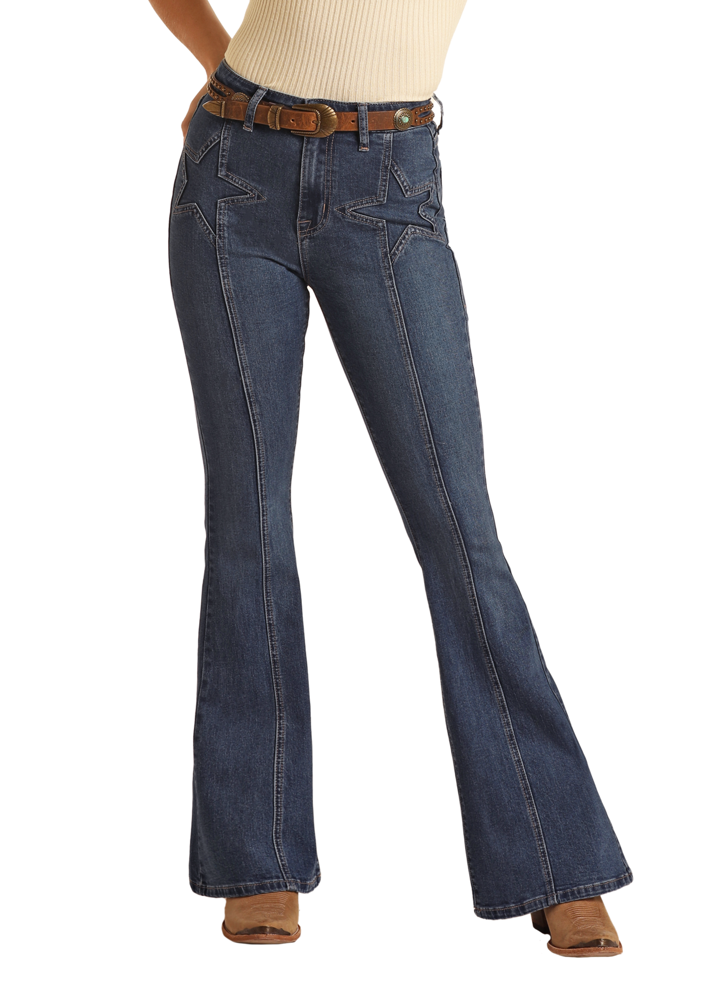 Woman wearing a beige tank top, blue jeans, and a cowboy hat on a white background