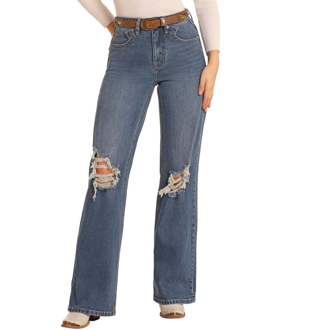 Women's High Rise Distressed Relaxed Flare Jeans | Rock