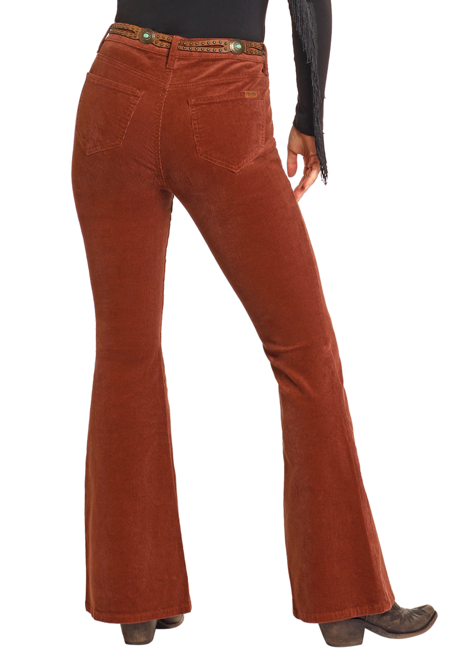 Women's Rust Corduroy Button Flare Jeans Rock Roll Denim