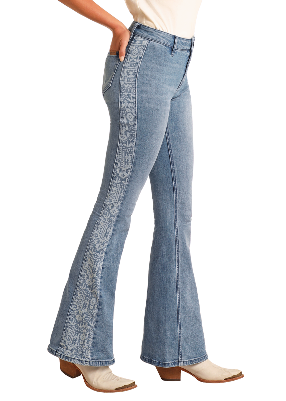 Women's Aztec Panel Button Flare Jeans Rock Roll Denim