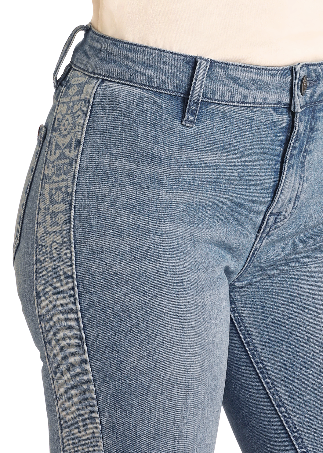 Close-up of a person wearing Rock & Roll Denim's Aztec Panel Button Flare Jeans, featuring a patterned side stripe, belt loops, button closure, and visible zipper. The top of a light shirt is partially visible.
