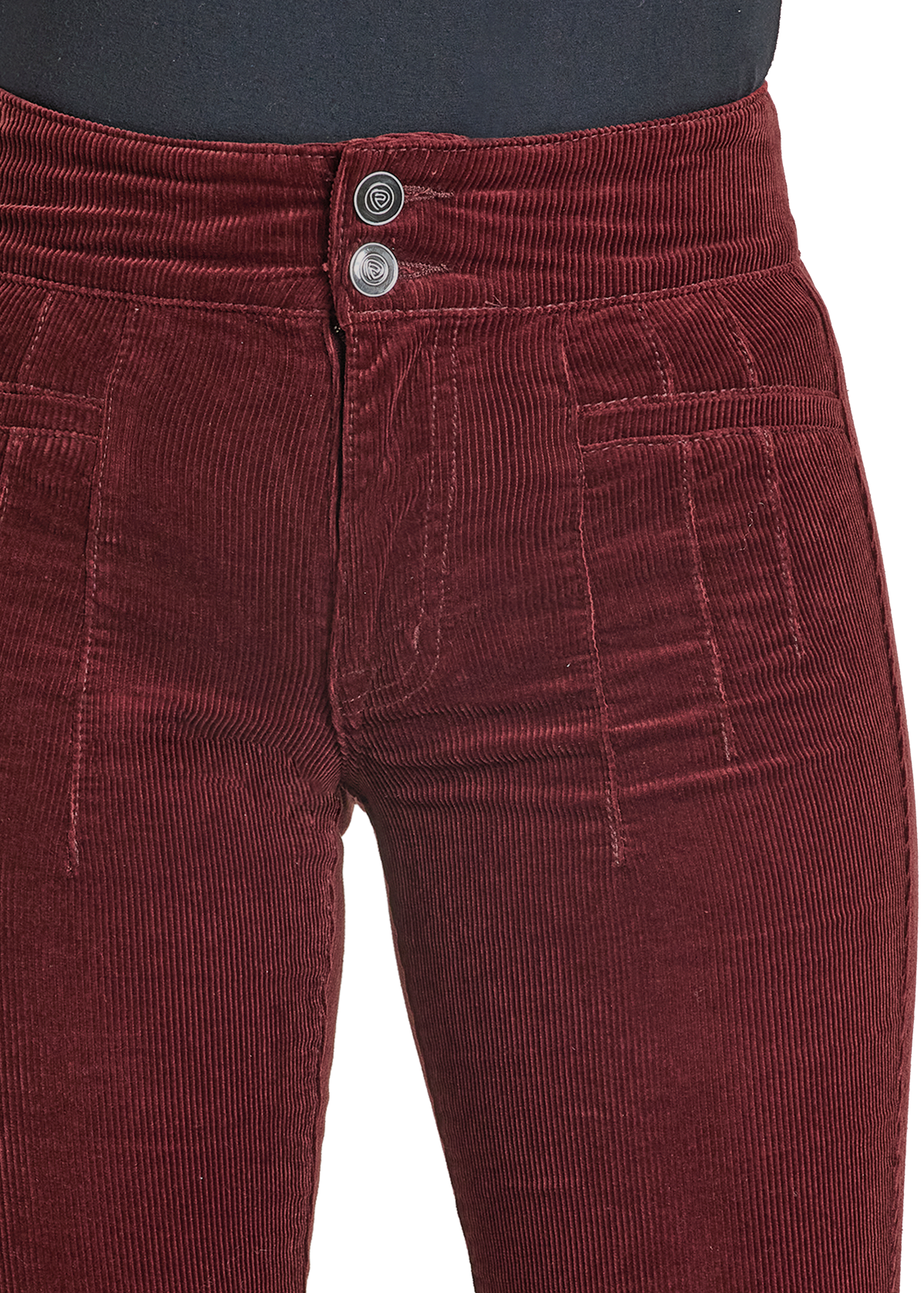 Maroon corduroy shorts with a button on a white background