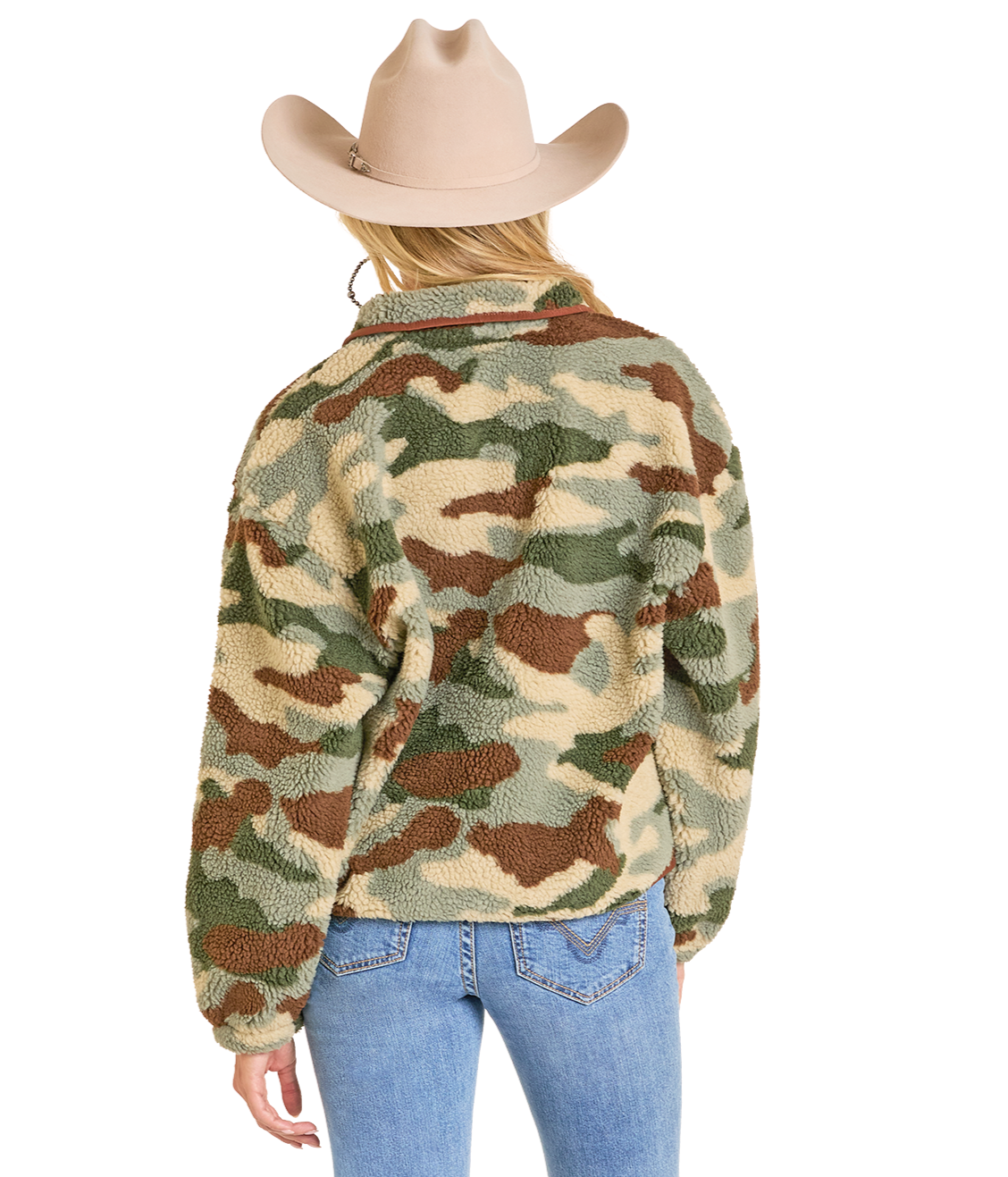 A person is shown from the back wearing light blue jeans, a tan cowboy hat, and a Rock & Roll Denim Camo Print Sherpa Pullover, featuring a green and brown camouflage pattern with a quarter zip, against a plain white background.