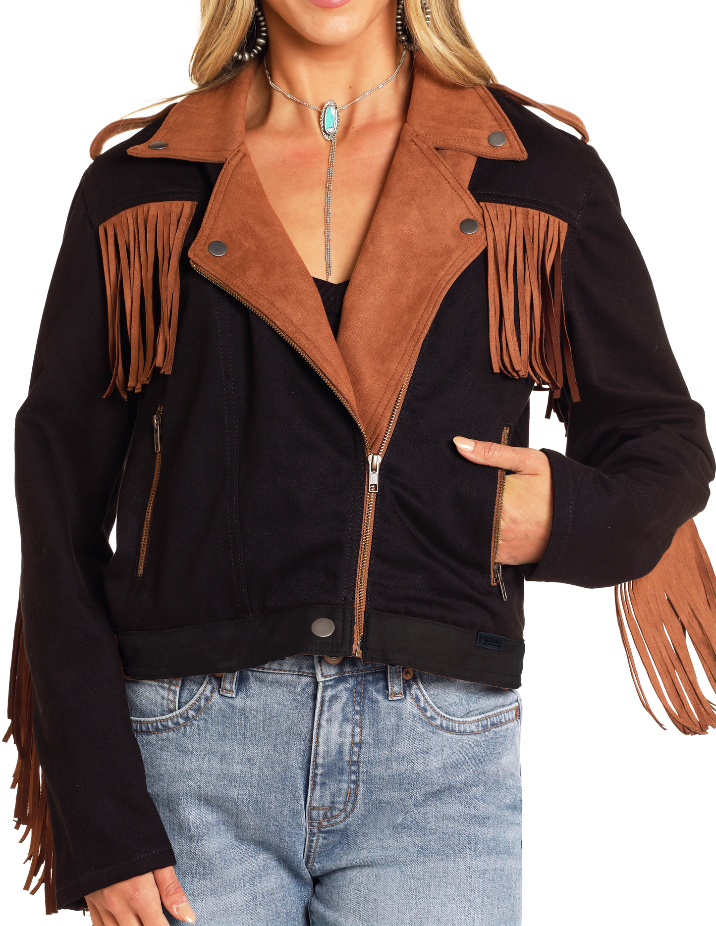 Black jacket with brown fringes worn by a person on a white background