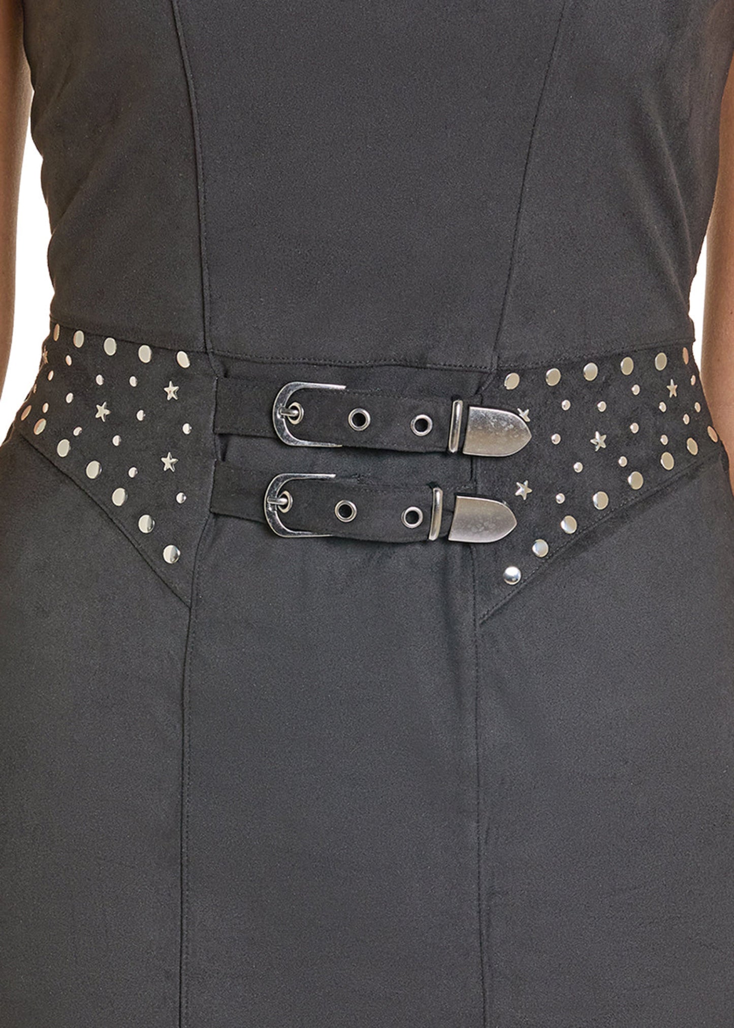 Black dress with star-studded belt and silver buckle