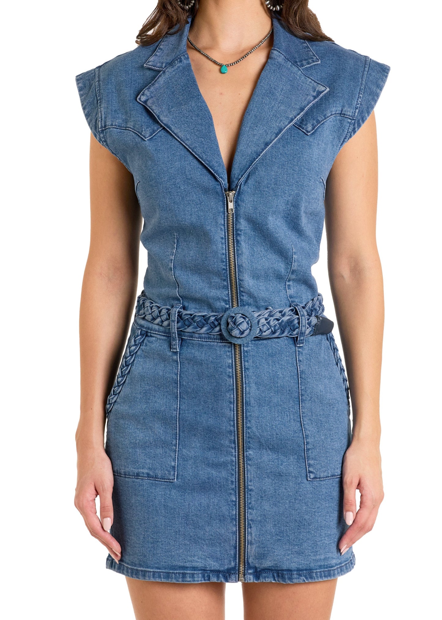Blue denim dress with a belt on a white background