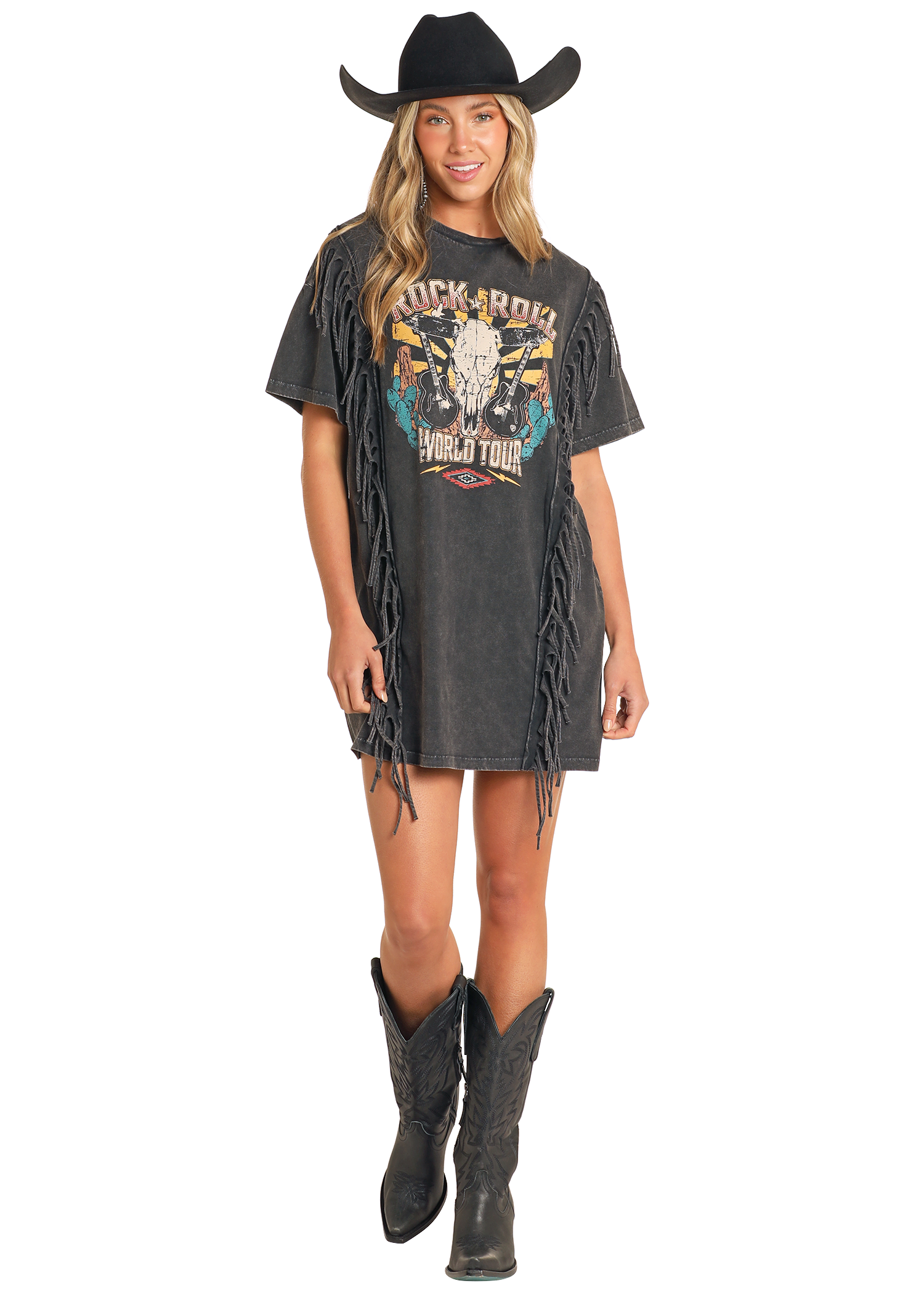 Women s Graphic Fringe T Shirt Dress Rock Roll Denim