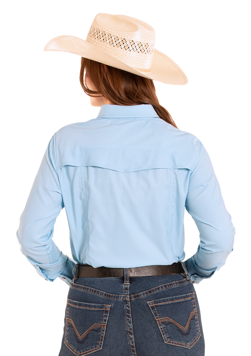 Person wearing a light blue shirt and dark blue jeans with a cowboy hat on a white background