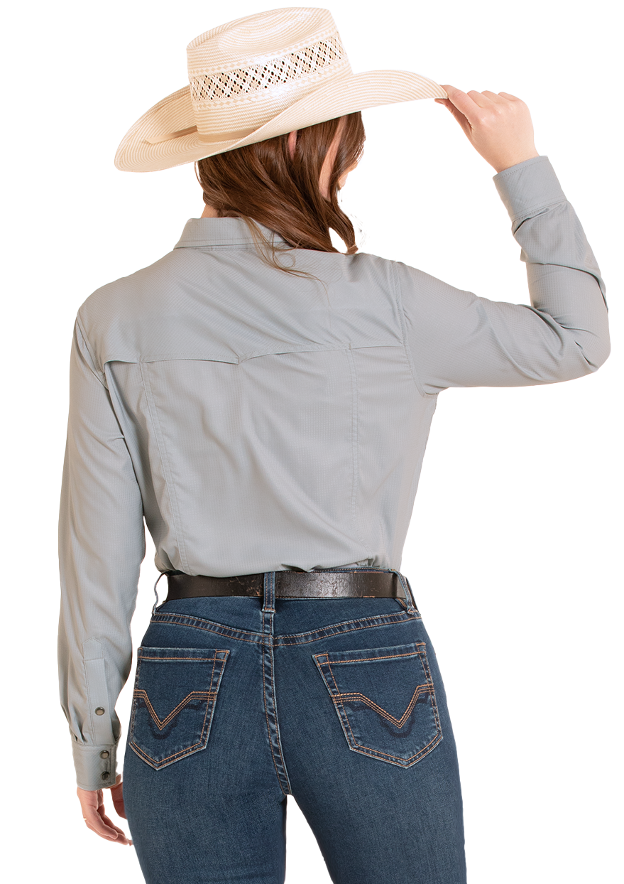 Person wearing blue jeans and a light gray shirt with a cowboy hat on a white background