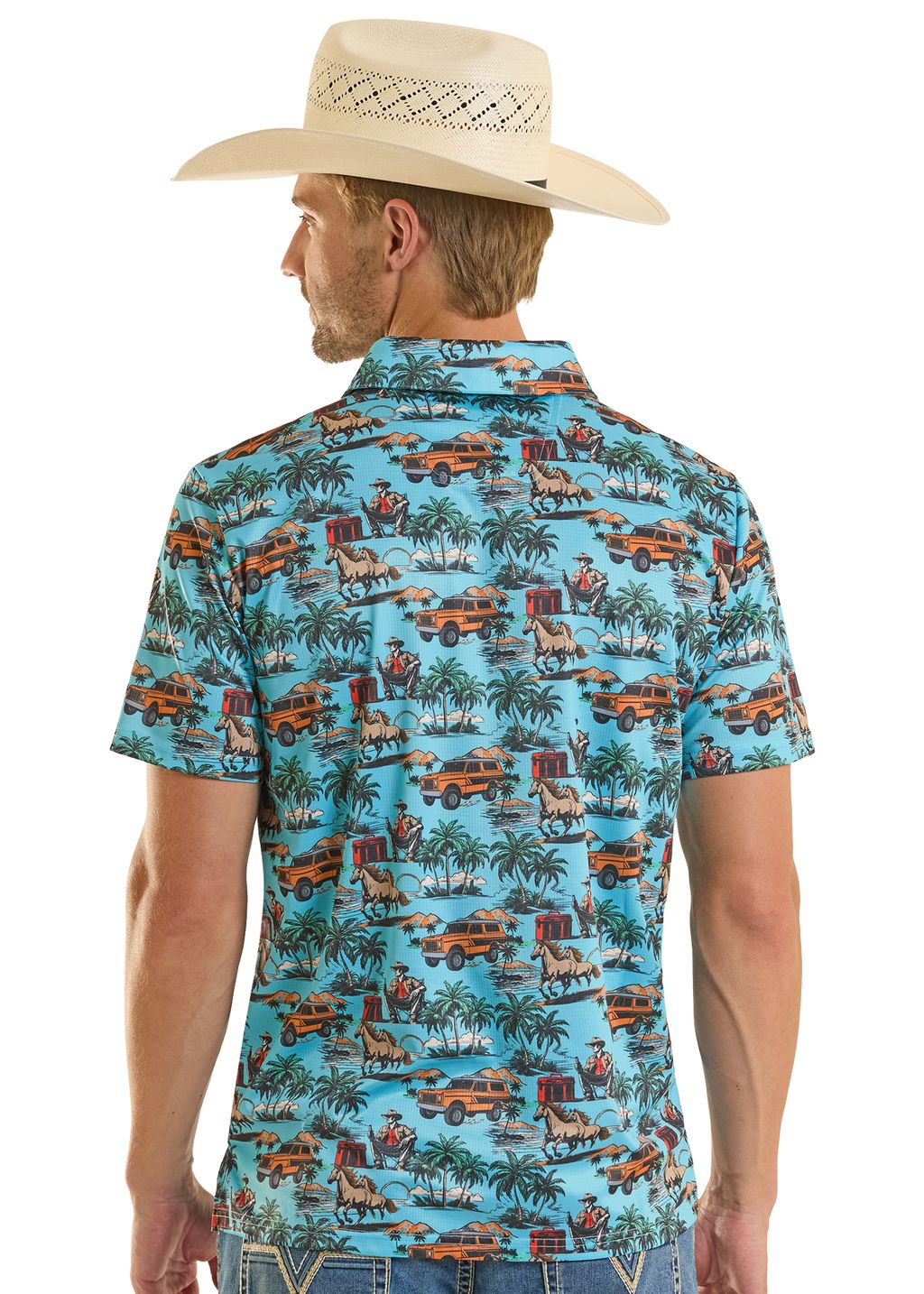 Man wearing a colorful patterned shirt with a cowboy hat on a white background