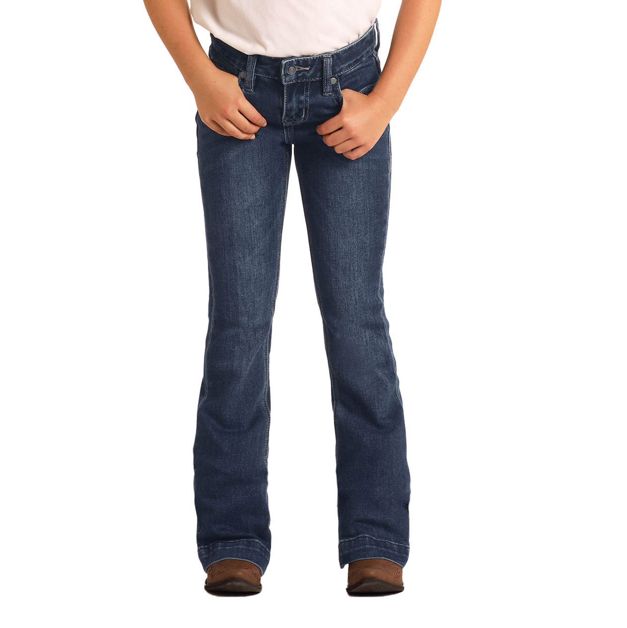 A person models Girls' Extra Stretch Mid Rise Trouser Jeans by Rock & Roll Denim, standing with hands near the front pockets against a plain white background.