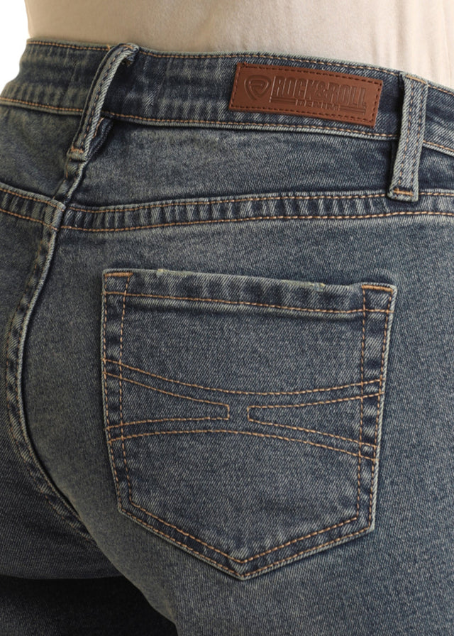 Back view of blue jeans with a visible brand label on a white background