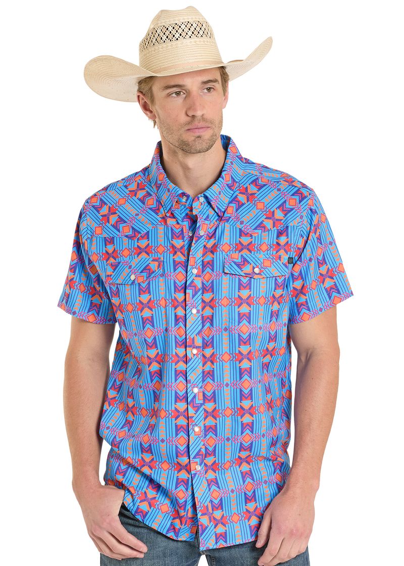 Men's TEK Western Blue Aztec Short Sleeve Shirt