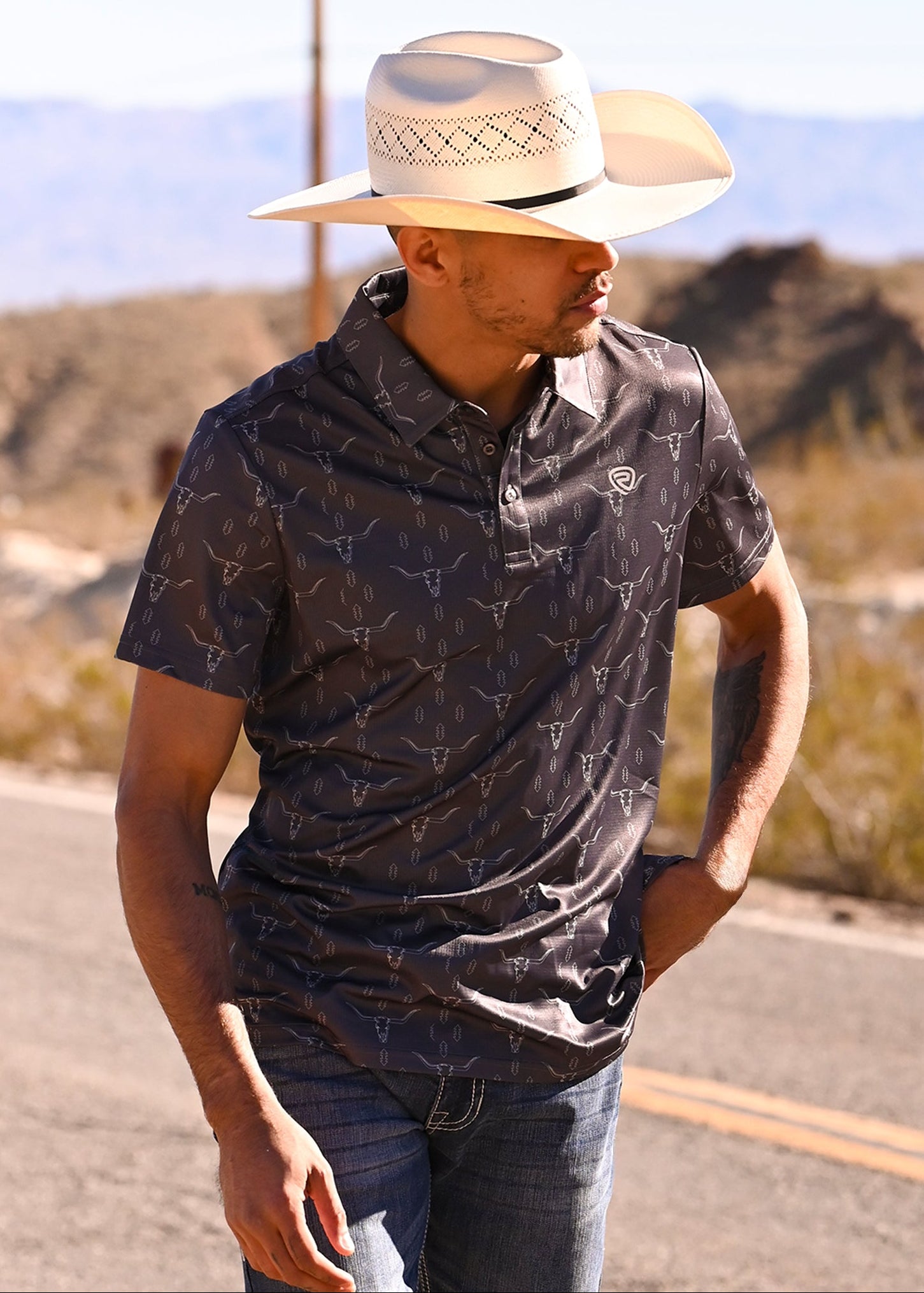 A&G レーザーシャツ Men's Grey Aztec Steer Print Polo | Rock & Roll Denim