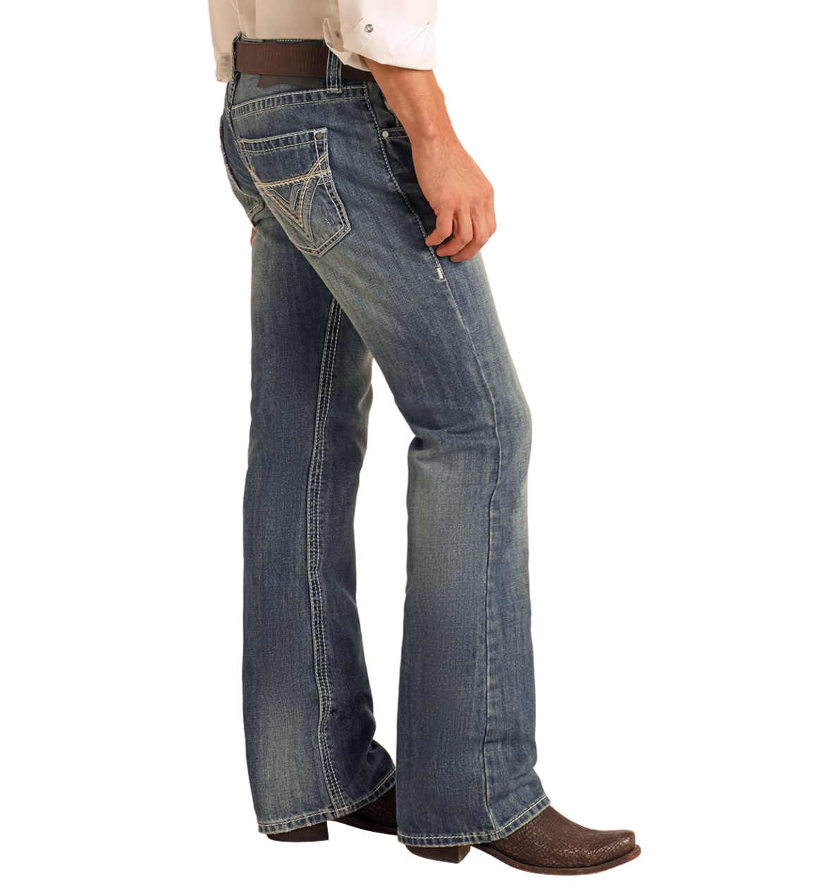 A person wearing Rock & Roll Denim Regular Fit Ivory Top-Stitching Bootcut Jeans, styled with a brown belt, white shirt, and brown cowboy boots, is shown from the side and back.