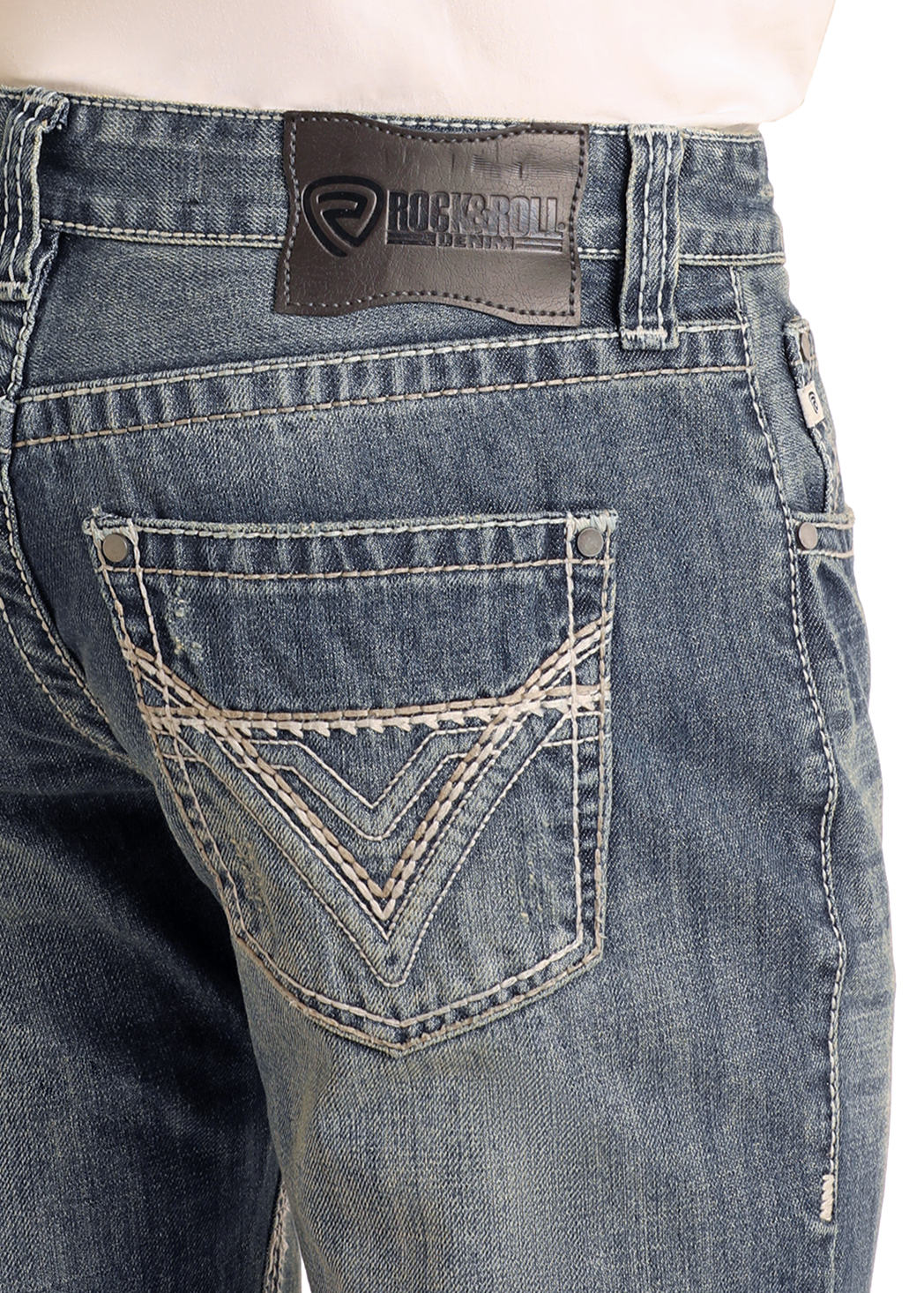 Close-up of the back of a person wearing Rock & Roll Denim Regular Fit Ivory Top-Stitching Bootcut Jeans featuring ivory pocket stitching, classic bootcut styling, and a dark leather brand patch on the waistband.
