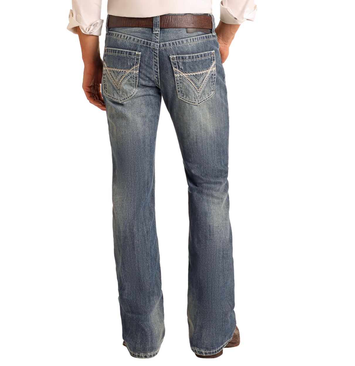A person stands facing away from the camera in Rock & Roll Denim Regular Fit Ivory Top-Stitching Bootcut Jeans, styled with decorative back pockets, a brown belt, and a white long-sleeve shirt against a plain background.