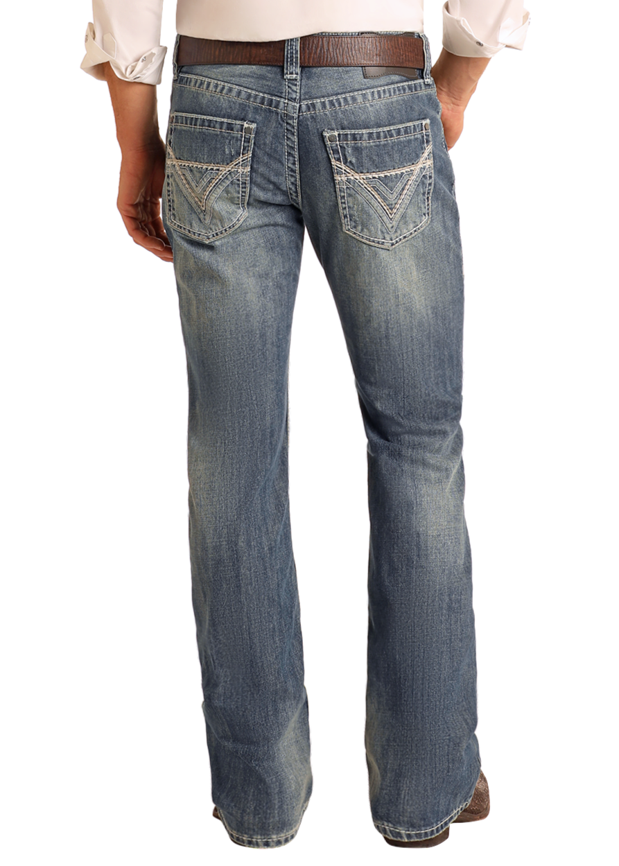 Men's Regular Fit Ivory Top-Stitching Bootcut Jeans in Medium Wash