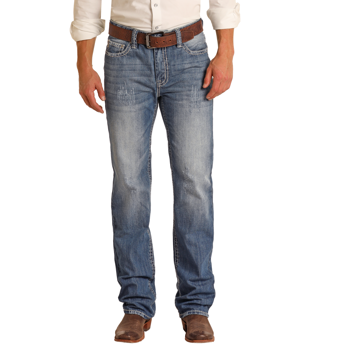 A person wearing a white shirt, brown belt, Rock & Roll Denim Relaxed Fit Large V Straight Leg Jeans, and brown leather boots stands against a plain background with hands relaxed by their sides.