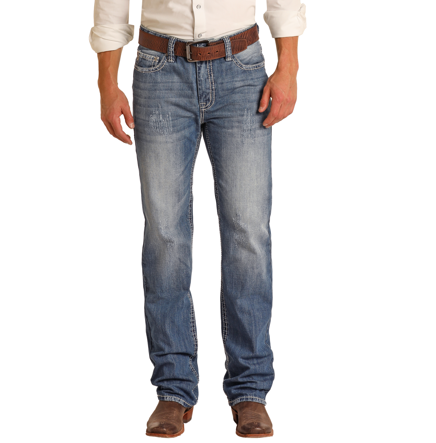 A person wearing a white shirt, brown belt, Rock & Roll Denim Relaxed Fit Large V Straight Leg Jeans, and brown leather boots stands against a plain background with hands relaxed by their sides.