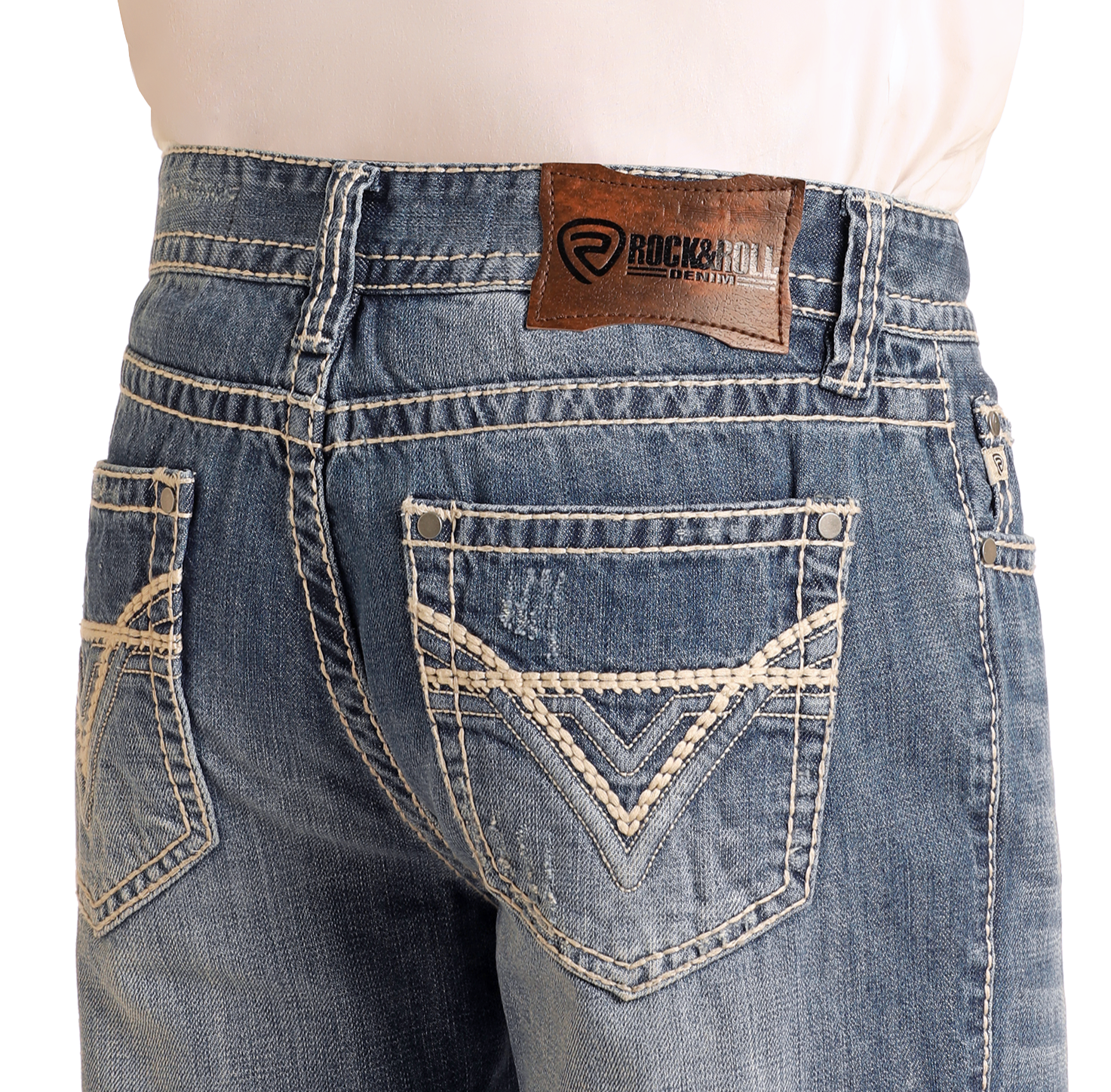 Close-up of the back of a person wearing Relaxed Fit Large V Straight Leg Jeans by Rock & Roll Denim, featuring blue 100% cotton denim, white stitching, a leather brand patch on the waistband, and V-shaped designs on the back pockets.